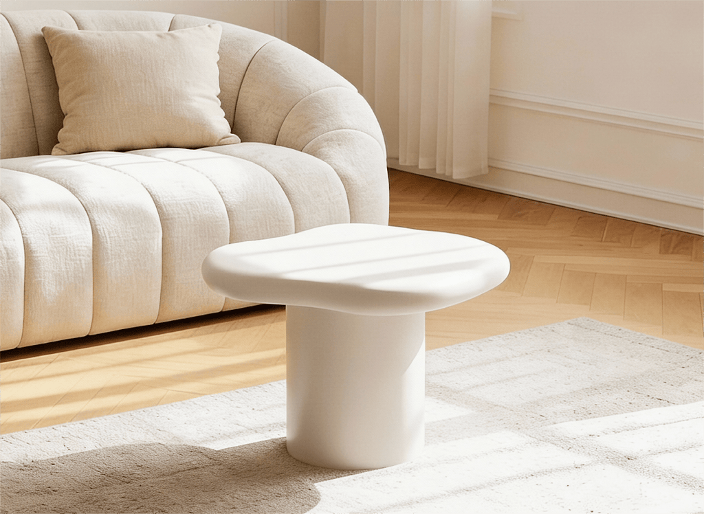 Table basse ronde en béton brossé blanc plateau asymétrique ZELINE