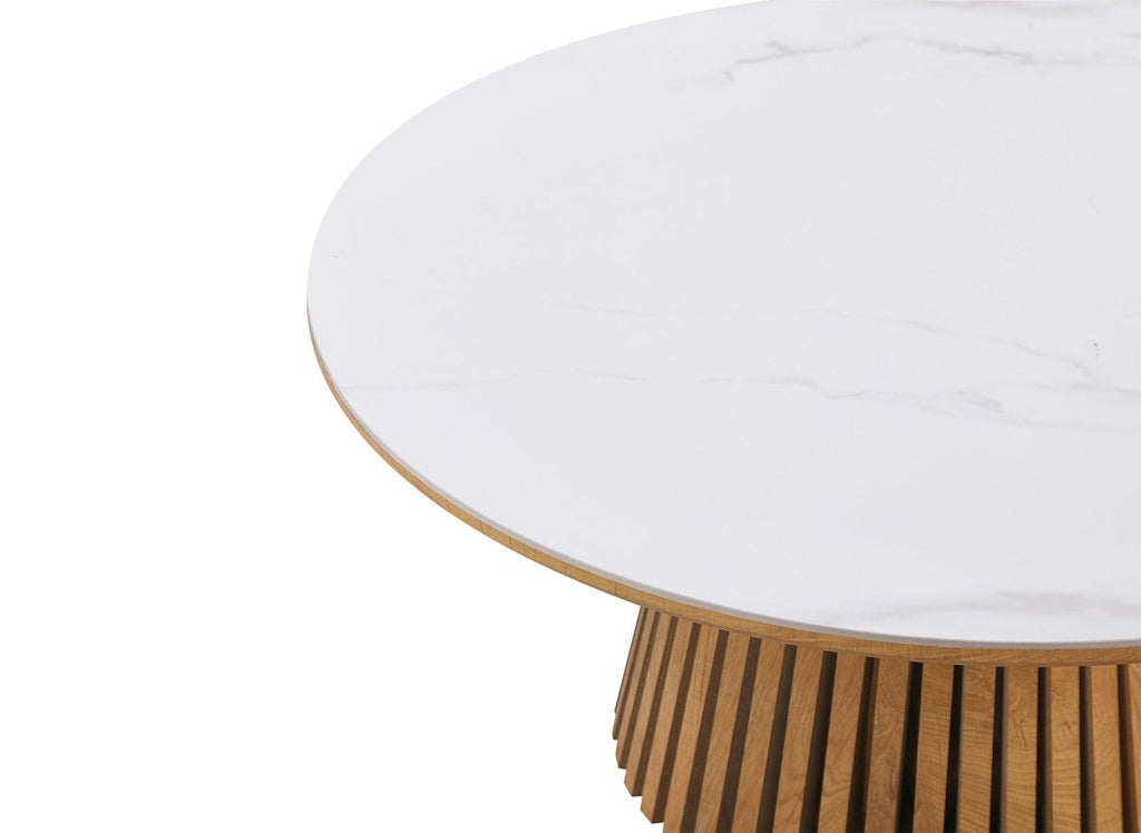 Table basse ronde en bois clair plateau en céramique blanc HEKA