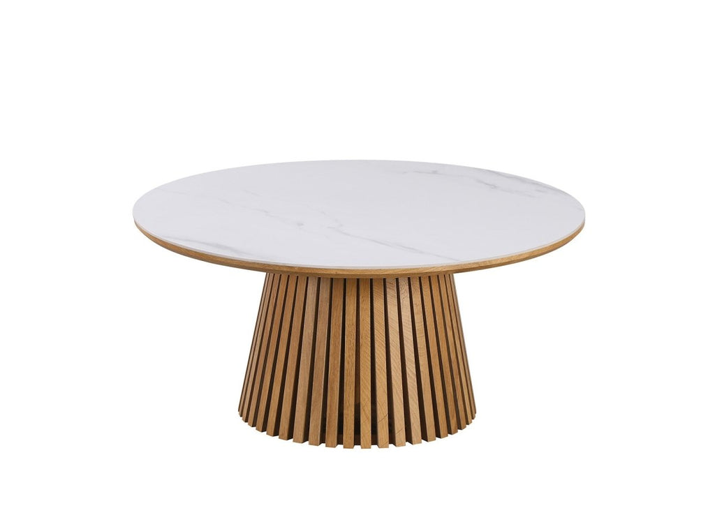 Table basse ronde en bois clair plateau en céramique blanc HEKA