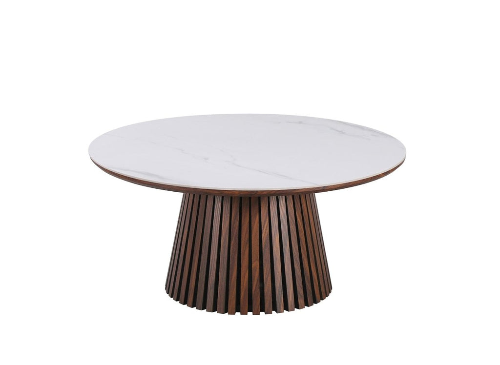 Table basse ronde en bois foncé plateau en céramique blanc HEKA